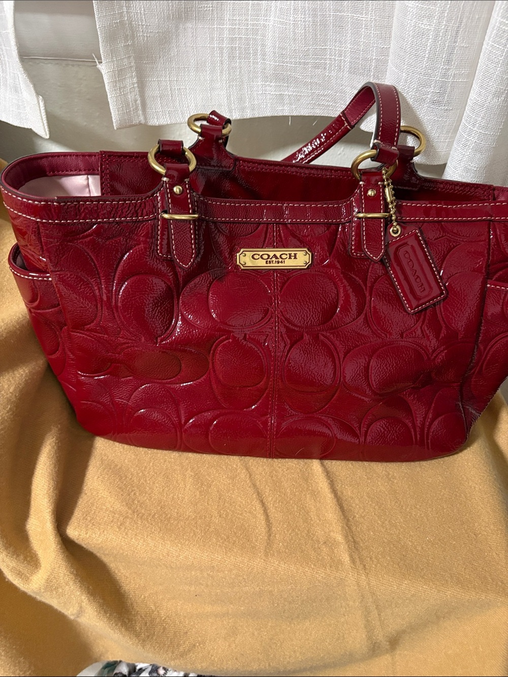 Coach Cherry Red Signature Embossed Tote with Gold Hardware